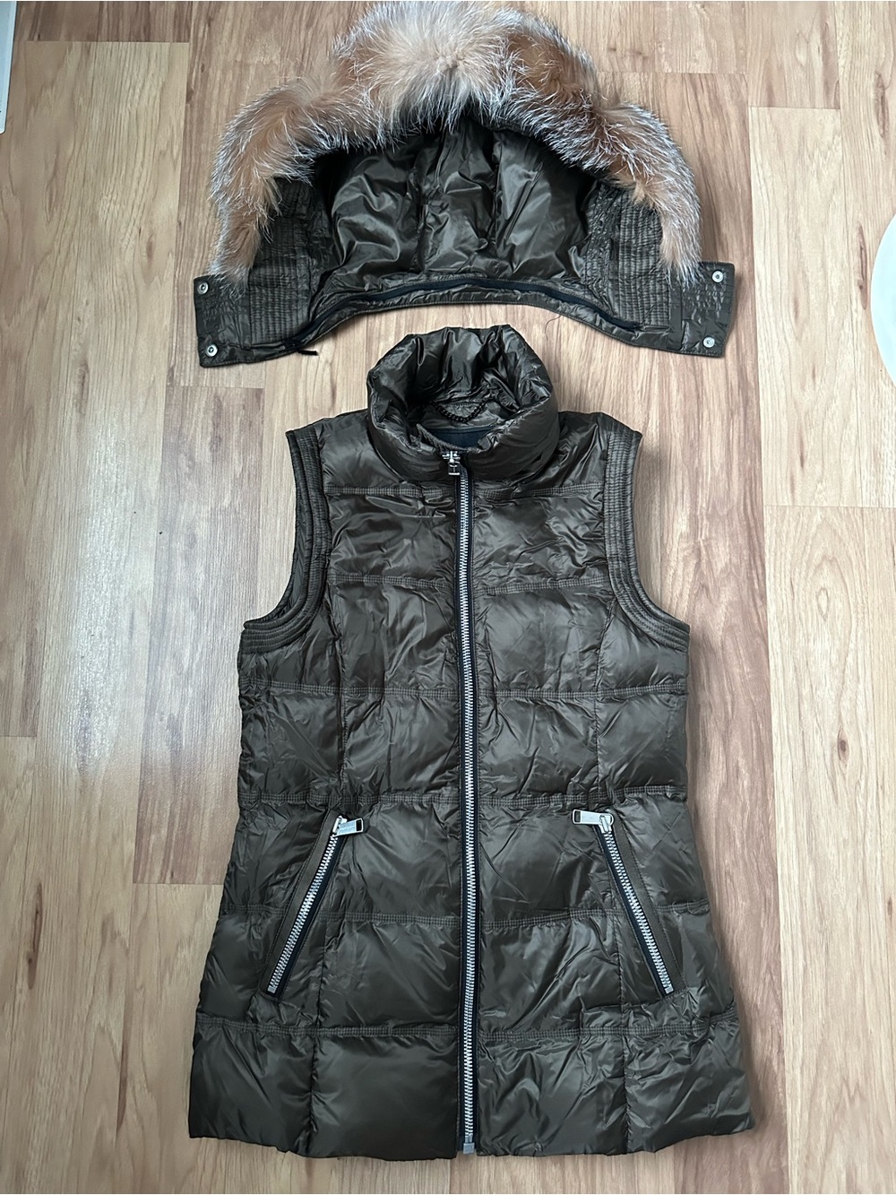 Womens Quilted Puffer Vest with Detachable Fur Hood - Dark Brown khaki